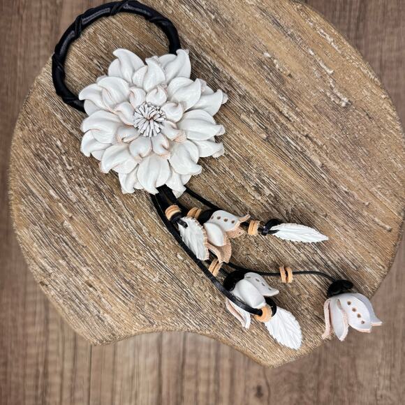 White Dahlia Leather Flower Purse Charm Genuine Leather White Flower Bag Charm - Picture 5 of 9